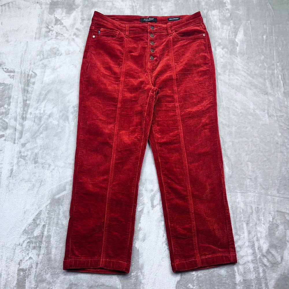 Judy Blue Red Corduroy Ankle Straight Leg Button Fly Womens Pants Sz 31 Fits 32"